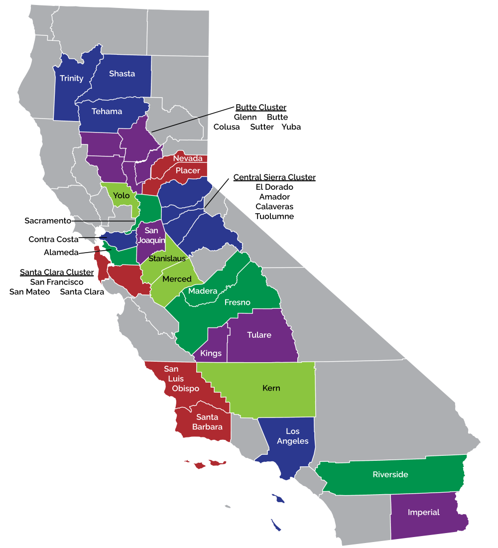 Graphic map of California highlighting counties served by CalFresh Healthy Living, UC